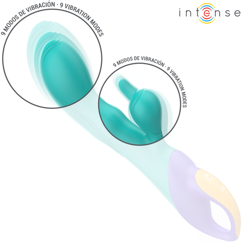 Close-up of the INTENSE Vibrador Rabbit Fred Dupla Estimulação Azul, highlighting its design and silicone texture.