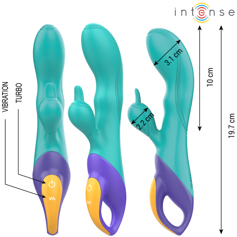 Close-up of the INTENSE Vibrador Rabbit Fred Dupla Estimulação Azul, highlighting its design and silicone texture.