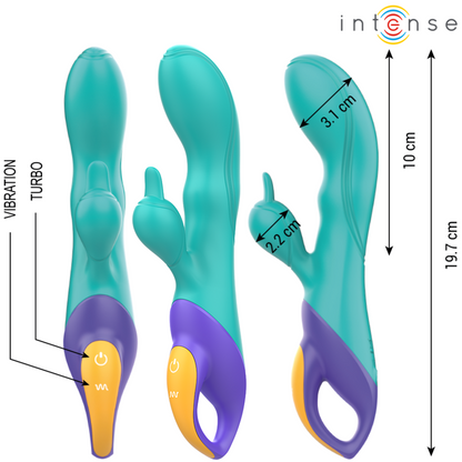 Close-up of the INTENSE Vibrador Rabbit Fred Dupla Estimulação Azul, highlighting its design and silicone texture.