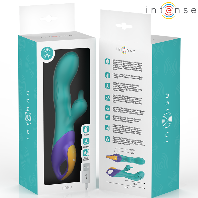 Close-up of the INTENSE Vibrador Rabbit Fred Dupla Estimulação Azul, highlighting its design and silicone texture.