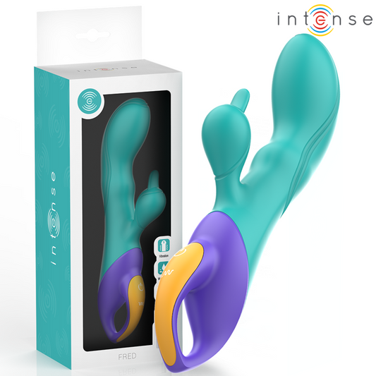 Close-up of the INTENSE Vibrador Rabbit Fred Dupla Estimulação Azul, highlighting its design and silicone texture.