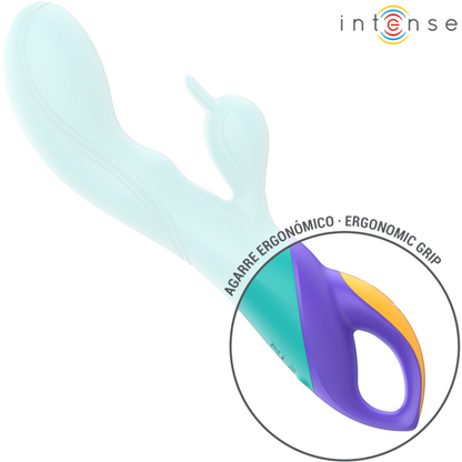 Close-up of the INTENSE Vibrador Rabbit Fred Dupla Estimulação Azul, highlighting its design and silicone texture.