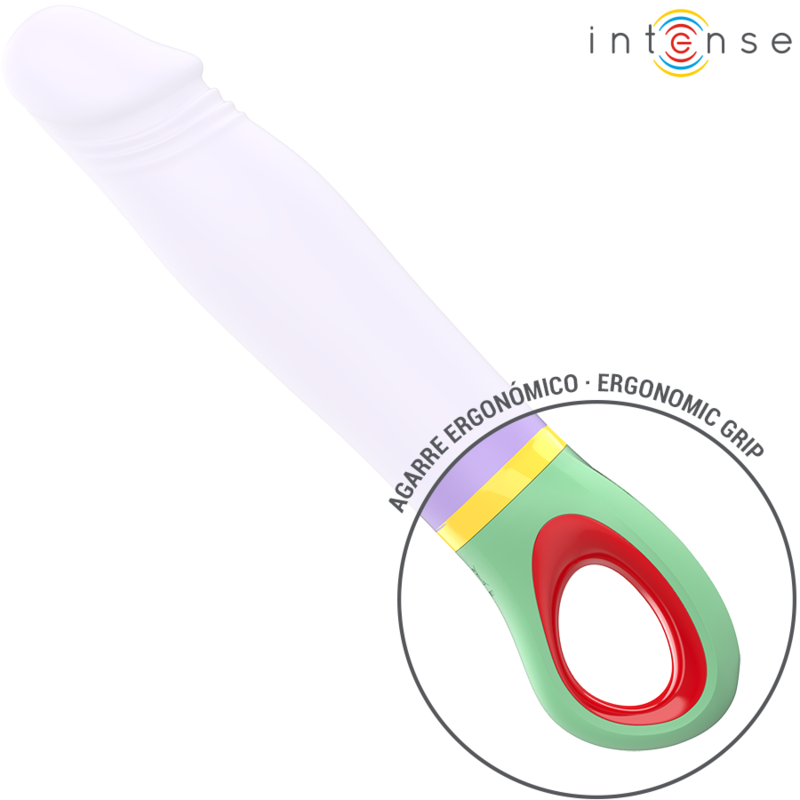 Vibrador Clássico Velma Intenso em silicone roxo, detalhe do formato ergonómico e botão de controlo.