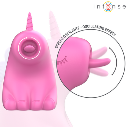 Close-up of the INTENSE Pinkie Estimulador Clitoriano Unicórnio com Língua Giratória, showing its fuchsia color and silicone texture.