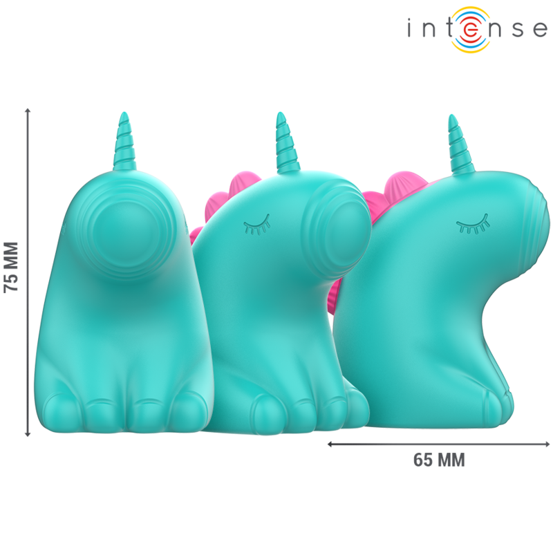 INTENSE Estimulador Clitoriano TRIXIE Unicórnio vibrador, mostrando design lúdico e detalhes em verde.