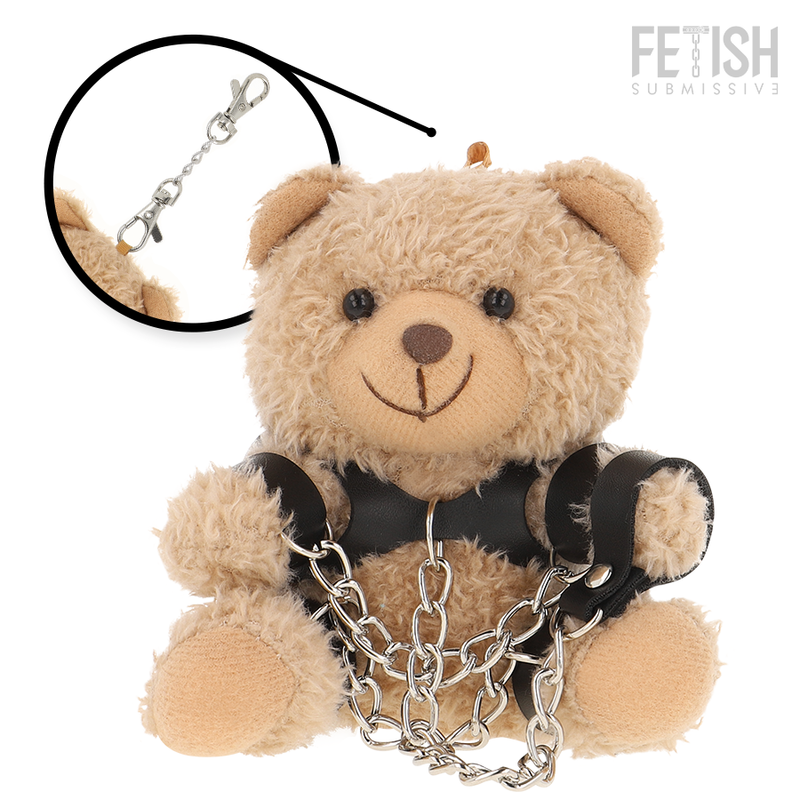 Urso de pelúcia FETISH SUBMISSIVE Yogi com algemas, corrente e coleira, em estilo BDSM.