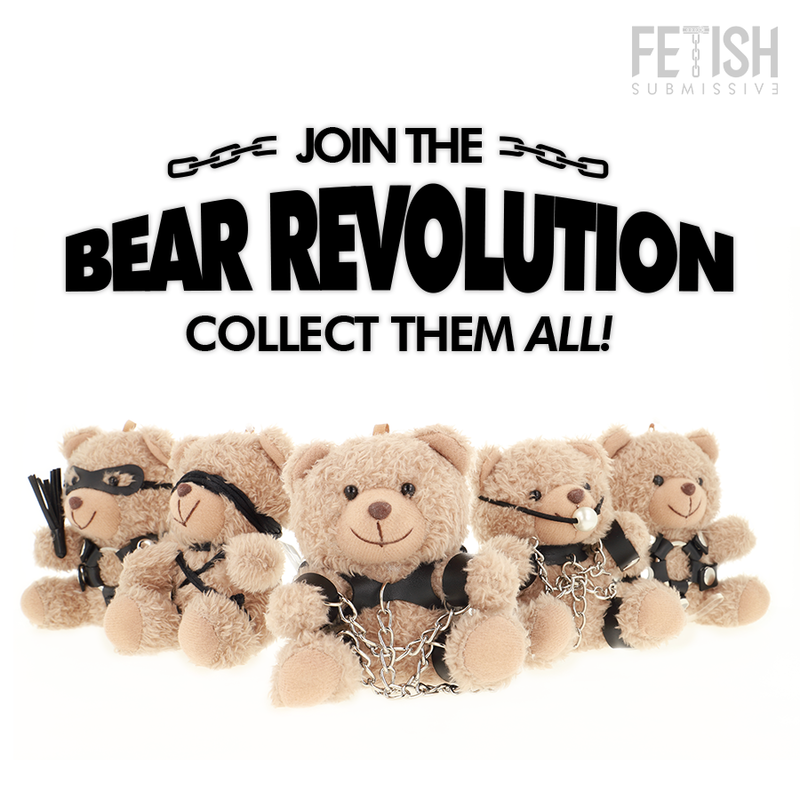 Urso de pelúcia FETISH SUBMISSIVE Yogi com algemas, corrente e coleira, em estilo BDSM.