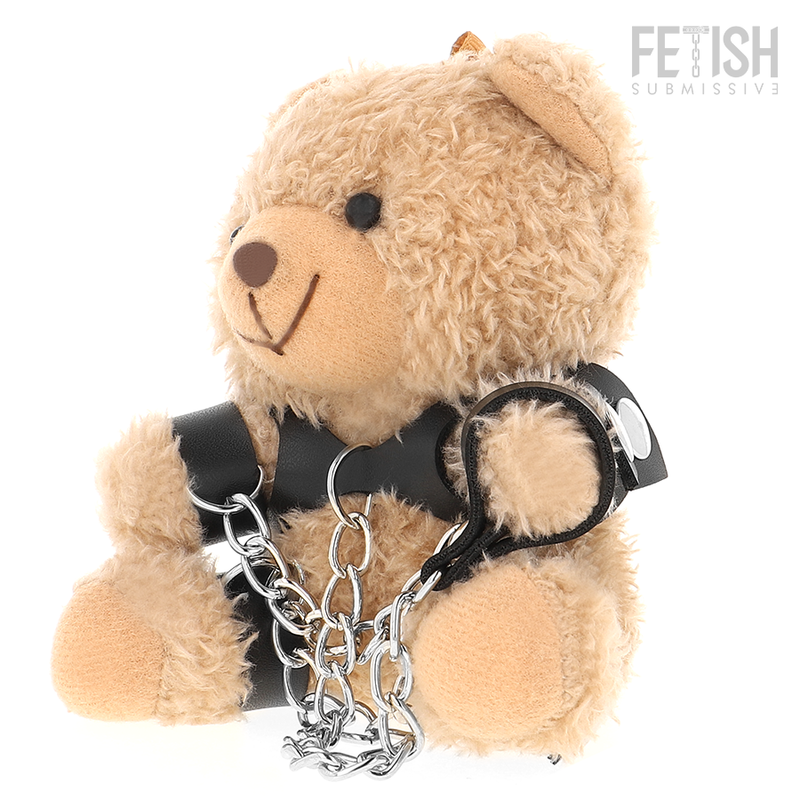 Urso de pelúcia FETISH SUBMISSIVE Yogi com algemas, corrente e coleira, em estilo BDSM.