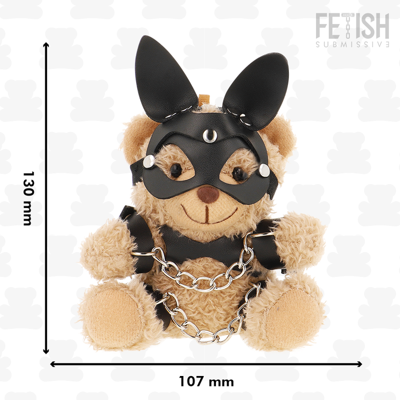 Urso de pelúcia FETISH SUBMISSIVE Mishka com estilo BDSM, máscara de orelhas de coelho e correntes nas pernas
