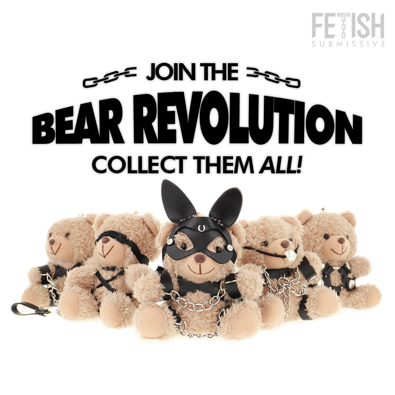 Urso de pelúcia FETISH SUBMISSIVE Mishka com estilo BDSM, máscara de orelhas de coelho e correntes nas pernas