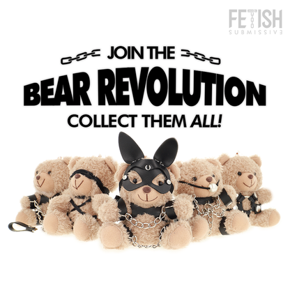 Urso de pelúcia FETISH SUBMISSIVE Mishka com estilo BDSM, máscara de orelhas de coelho e correntes nas pernas