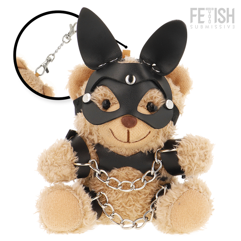 Urso de pelúcia FETISH SUBMISSIVE Mishka com estilo BDSM, máscara de orelhas de coelho e correntes nas pernas