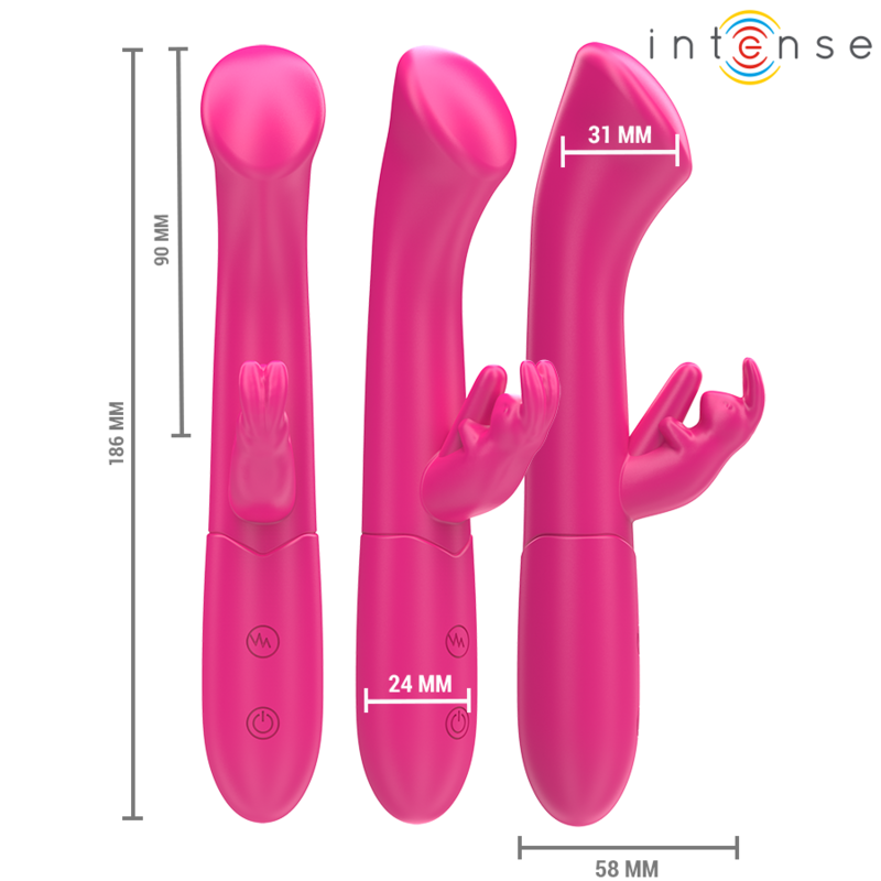 INTENSE Vibrador Rabbit Julieta 18,6cm Rosa, design ergonômico para estimulação dupla.