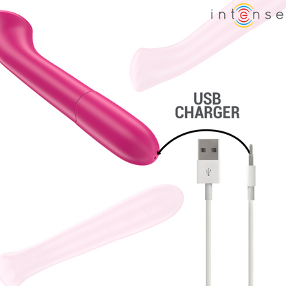 Vibrador INTENSE PATY 19cm flexível rosa, feito de silicone médico com 10 modos de vibração.