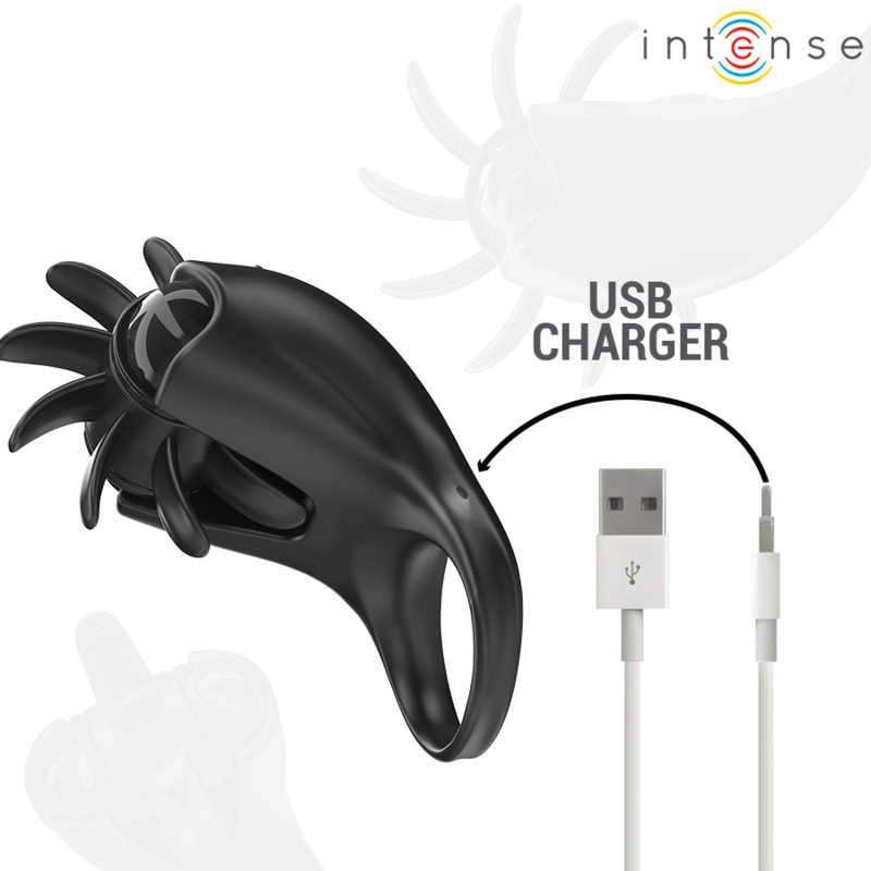 Anel Vibratório INTENSE Mabel preto com 10 vibrações e estimulador de clítoris para prazer de casal.
