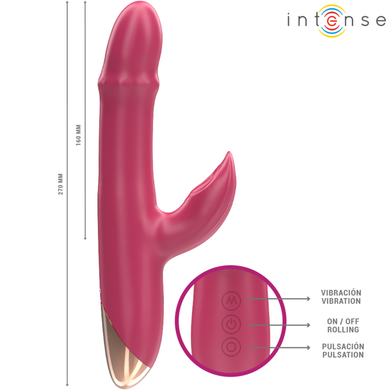 Close-up do Vibrador Intense Chloe Multifuncional 3 em 1 Vermelho, mostrando seu design ergonômico e material de silicone.