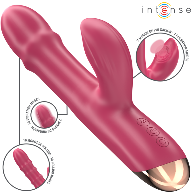 Close-up do Vibrador Intense Chloe Multifuncional 3 em 1 Vermelho, mostrando seu design ergonômico e material de silicone.