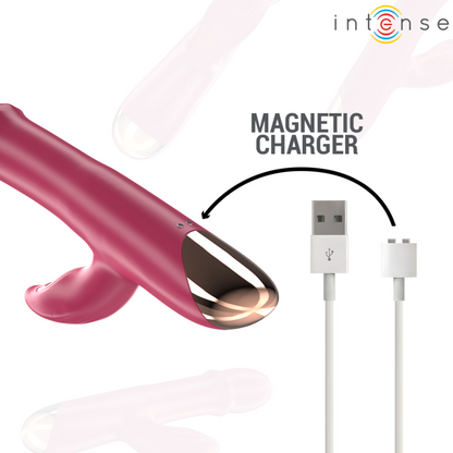 Close-up do Vibrador Intense Chloe Multifuncional 3 em 1 Vermelho, mostrando seu design ergonômico e material de silicone.