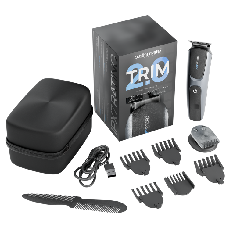 Aparador de precisão BATHMATE Trim 2.0, mostrando seu design elegante e lâminas de aço inoxidável para higiene masculina.