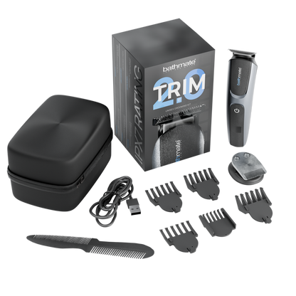 Aparador de precisão BATHMATE Trim 2.0, mostrando seu design elegante e lâminas de aço inoxidável para higiene masculina.
