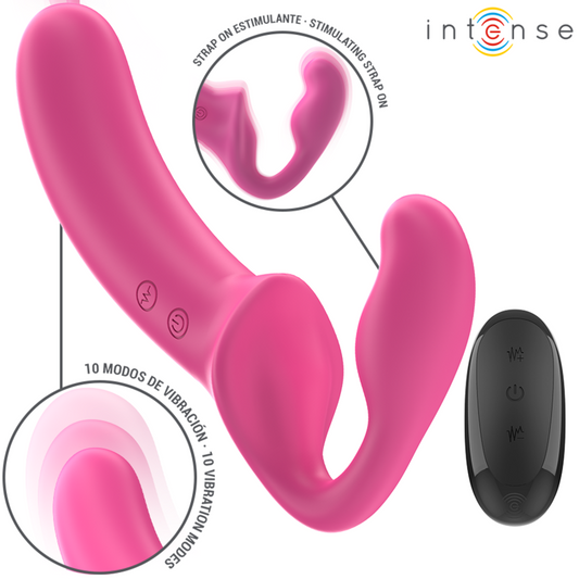 INTENSE Vibrador Duplo Amy 20cm Rosa com Controlo Remoto, mostrando o design ergonómico e cor suave.