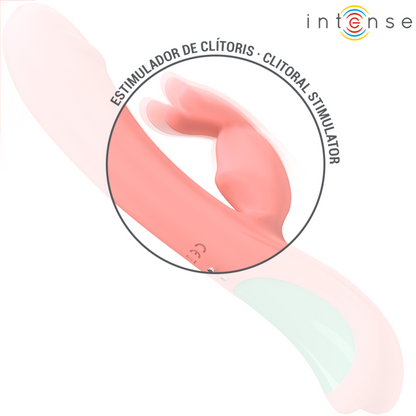 Vibrador Rabbit Intense Rachel rosa com ponta oscilante e 5 vibrações, para estimulação do ponto G e prazer duplo.