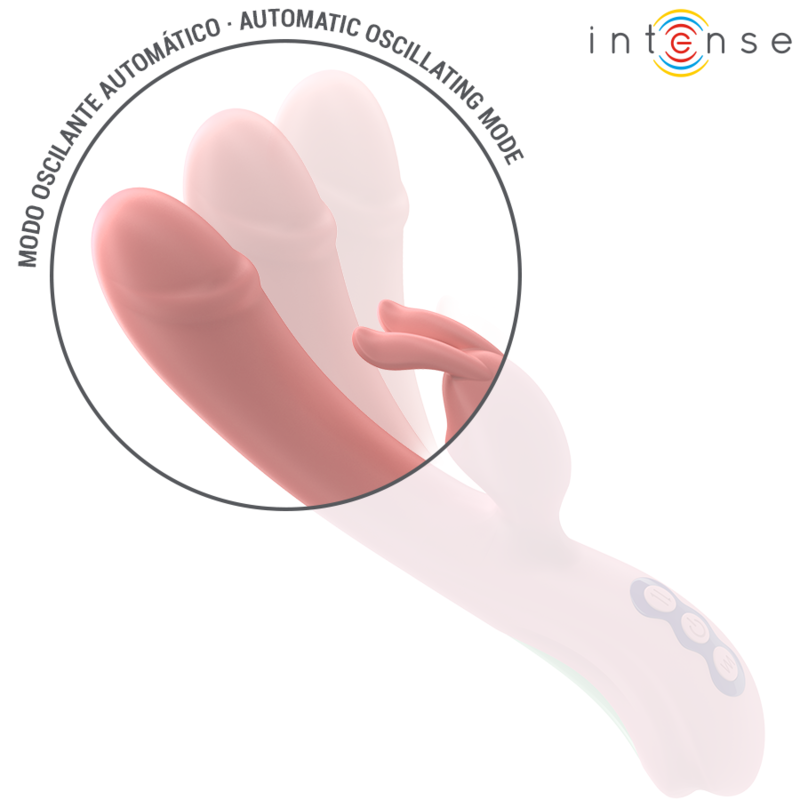 Vibrador Rabbit Intense Rachel rosa com ponta oscilante e 5 vibrações, para estimulação do ponto G e prazer duplo.