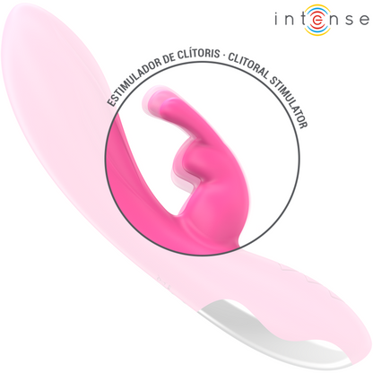 Close-up do INTENSE Randall Rabbit Vibrador Rosa, mostrando o design ergonómico para estimulação dupla.