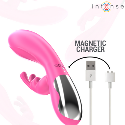 Close-up do INTENSE Randall Rabbit Vibrador Rosa, mostrando o design ergonómico para estimulação dupla.