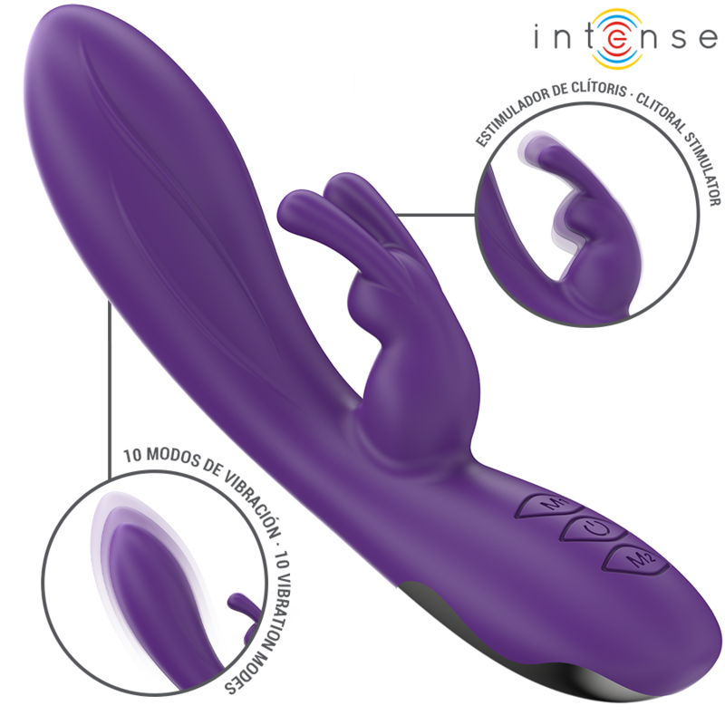Close-up of the INTENSE Randall Vibrador Rabbit in purple, showcasing its ergonomic design and dual stimulators.