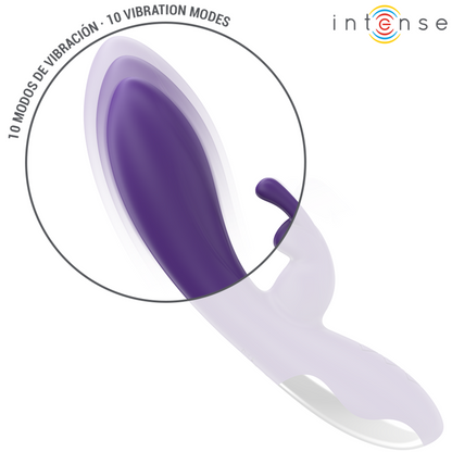 Close-up of the INTENSE Randall Vibrador Rabbit in purple, showcasing its ergonomic design and dual stimulators.