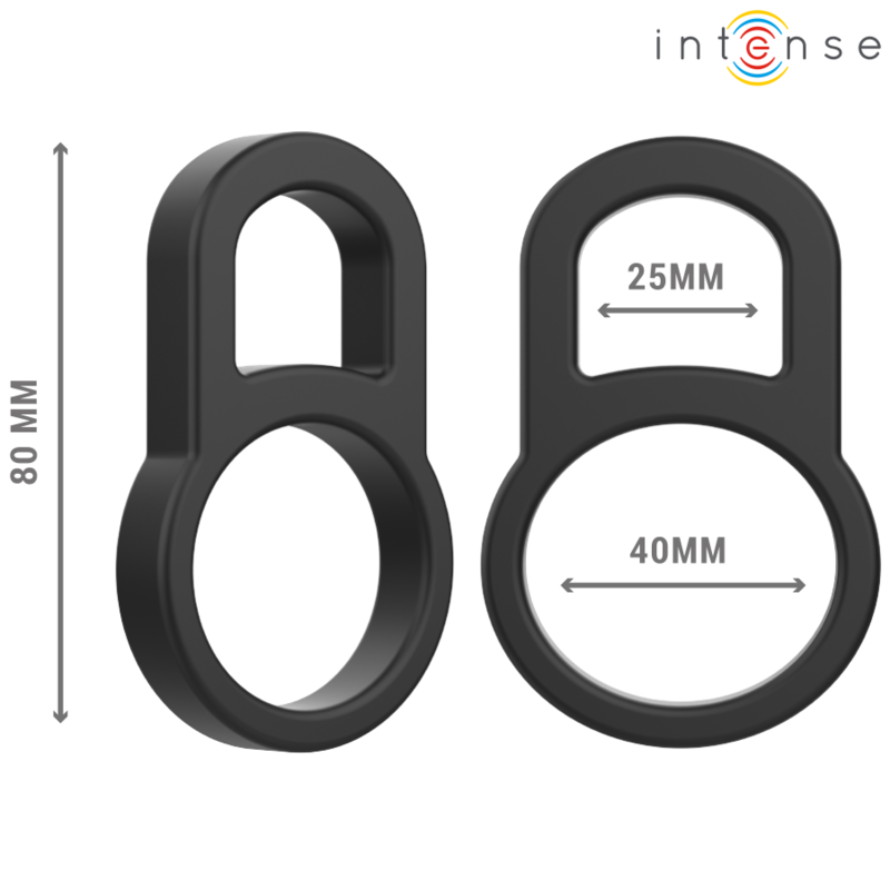 Close-up of the INTENSE Bobby double silicone penis ring in black, highlighting its ergonomic design and soft texture.