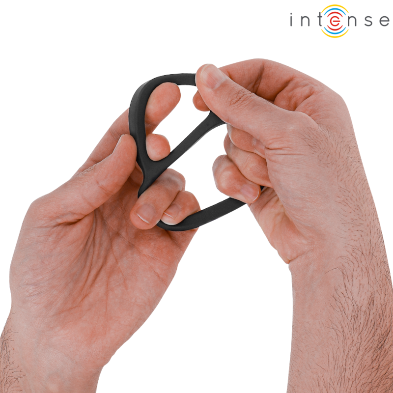 Close-up of the INTENSE Bobby double silicone penis ring in black, highlighting its ergonomic design and soft texture.