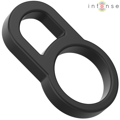 Close-up of the INTENSE Bobby double silicone penis ring in black, highlighting its ergonomic design and soft texture.