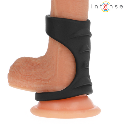 Anel de silicone duplo INTENSE Theo preto para pênis e escroto.
