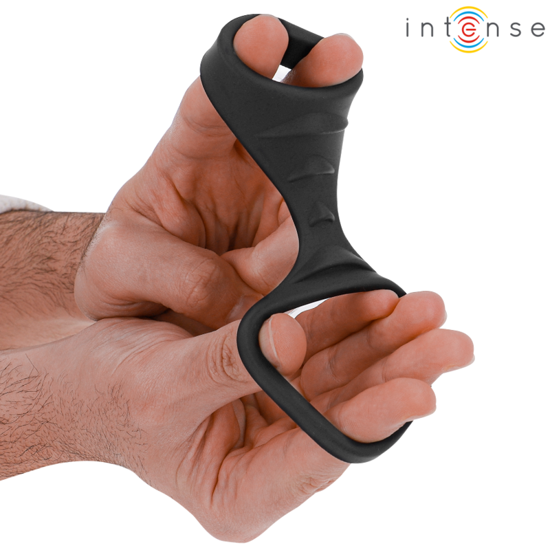 Anel de silicone duplo INTENSE Theo preto para pênis e escroto.