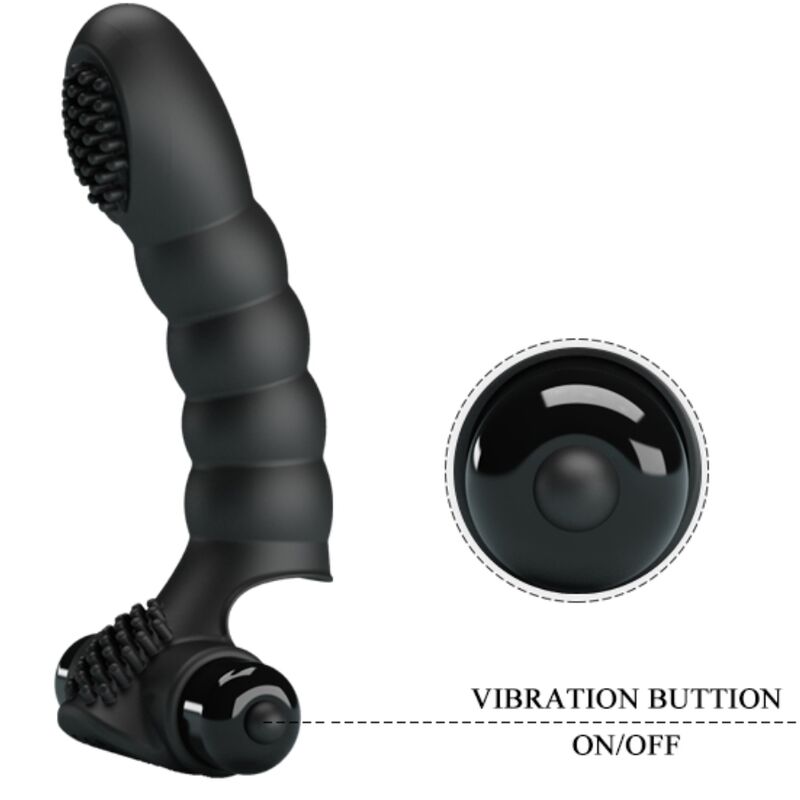 Vibrador de Dedo PRETTY LOVE Alexander, em silicone preto, com design ergonómico para estimulação precisa e 10 funções de vibração.