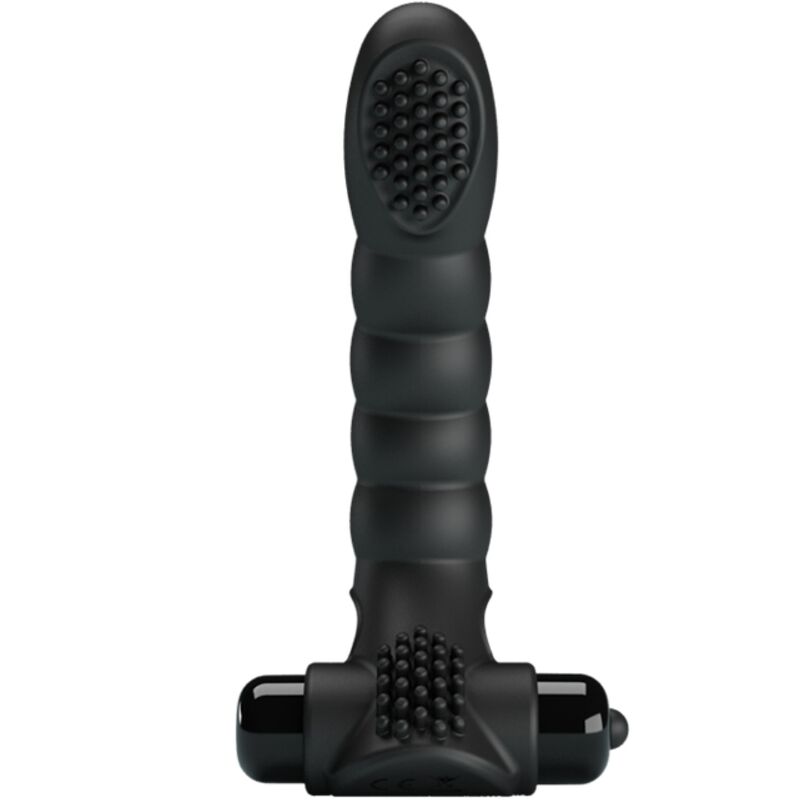 Vibrador de Dedo PRETTY LOVE Alexander, em silicone preto, com design ergonómico para estimulação precisa e 10 funções de vibração.
