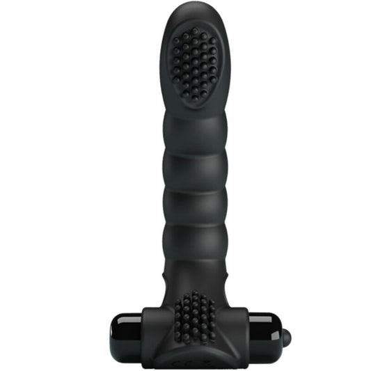 Vibrador de Dedo PRETTY LOVE Alexander, em silicone preto, com design ergonómico para estimulação precisa e 10 funções de vibração.