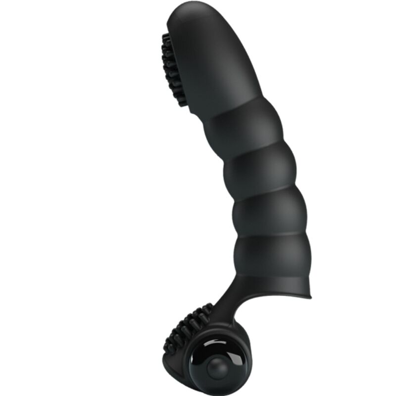Vibrador de Dedo PRETTY LOVE Alexander, em silicone preto, com design ergonómico para estimulação precisa e 10 funções de vibração.