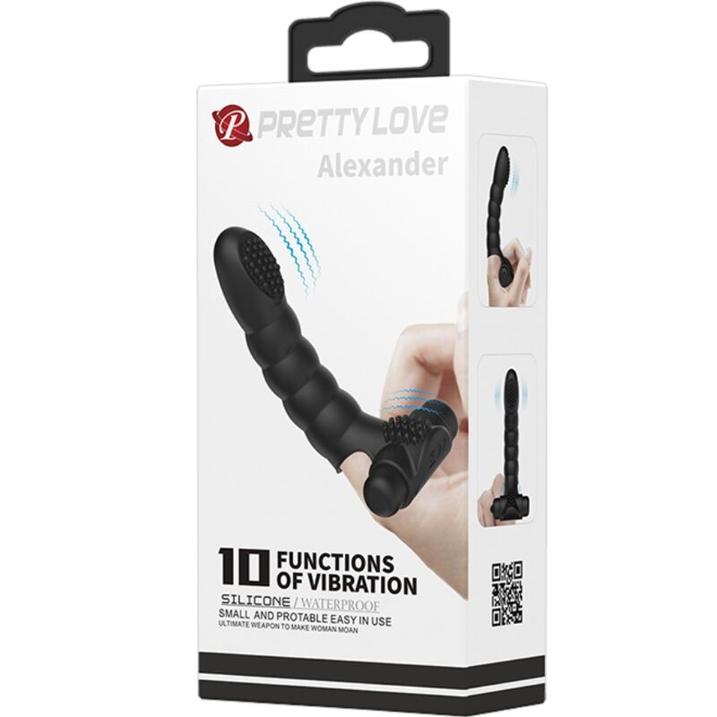 Vibrador de Dedo PRETTY LOVE Alexander, em silicone preto, com design ergonómico para estimulação precisa e 10 funções de vibração.