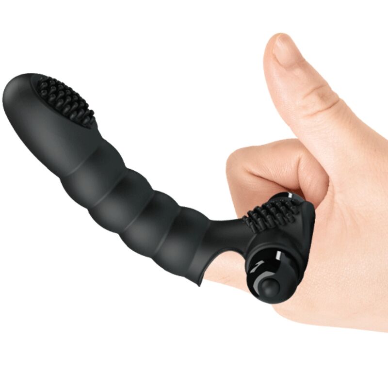Vibrador de Dedo PRETTY LOVE Alexander, em silicone preto, com design ergonómico para estimulação precisa e 10 funções de vibração.