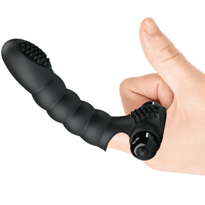 Vibrador de Dedo PRETTY LOVE Alexander, em silicone preto, com design ergonómico para estimulação precisa e 10 funções de vibração.