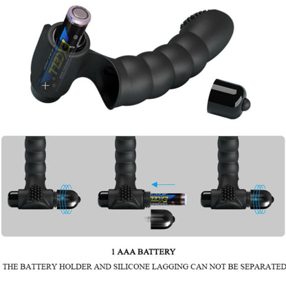 Vibrador de Dedo PRETTY LOVE Alexander, em silicone preto, com design ergonómico para estimulação precisa e 10 funções de vibração.