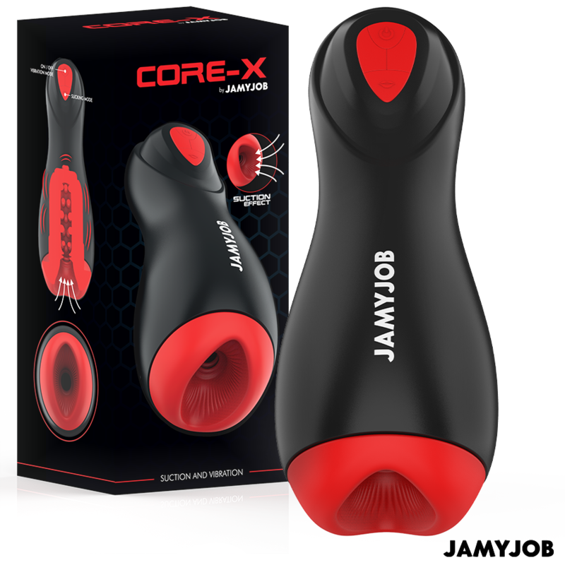 Close-up do Masturbador Automático JAMYJOB Core-X com detalhes em vermelho, destacando o interior de silicone.