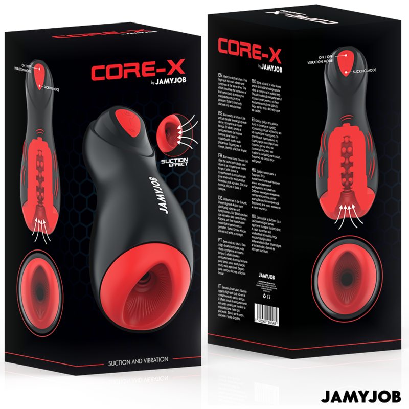 Close-up do Masturbador Automático JAMYJOB Core-X com detalhes em vermelho, destacando o interior de silicone.
