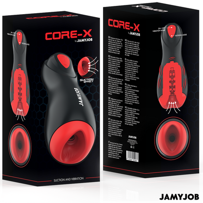 Close-up do Masturbador Automático JAMYJOB Core-X com detalhes em vermelho, destacando o interior de silicone.