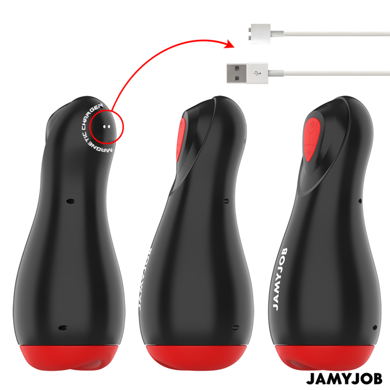 Close-up do Masturbador Automático JAMYJOB Core-X com detalhes em vermelho, destacando o interior de silicone.