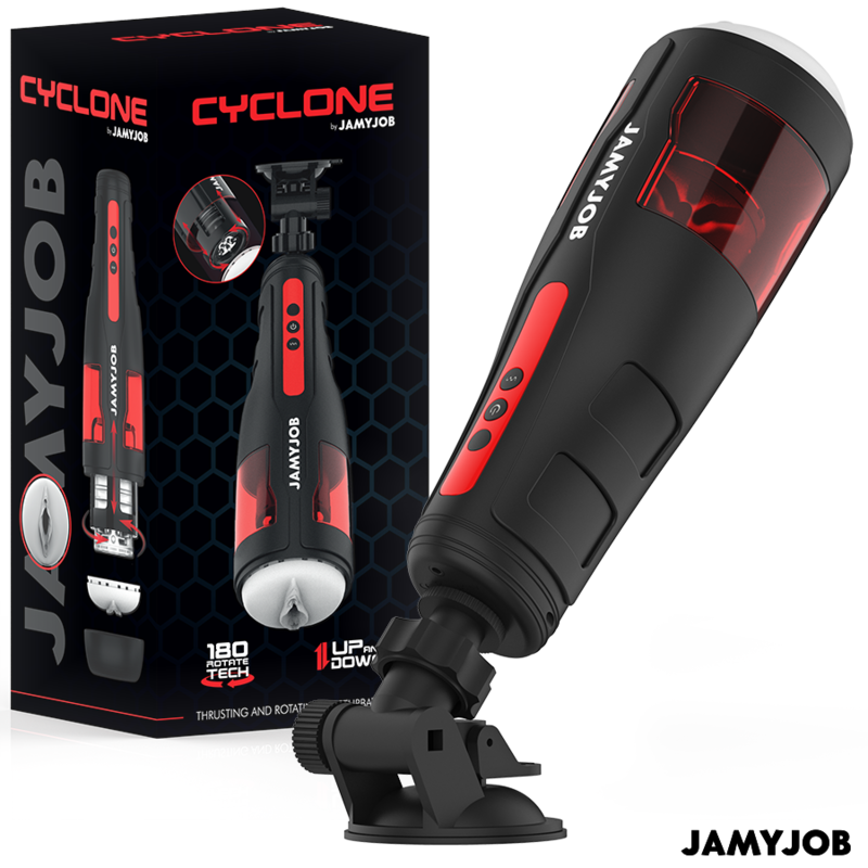 Close-up do masturbador automático masculino JAMYJOB Cyclone, mostrando seu design elegante em preto e detalhes em vermelho e a textura de silicone.