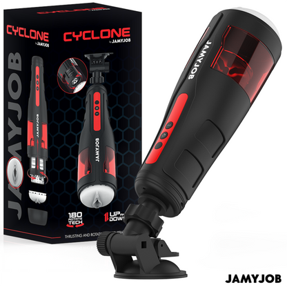 Close-up do masturbador automático masculino JAMYJOB Cyclone, mostrando seu design elegante em preto e detalhes em vermelho e a textura de silicone.